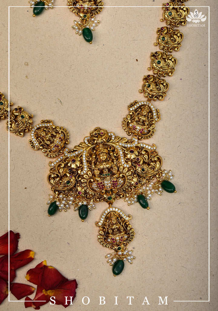 Traditional Lakshmi Pendant Necklace Set with dangling Green Beads | Shobitam Jewelry