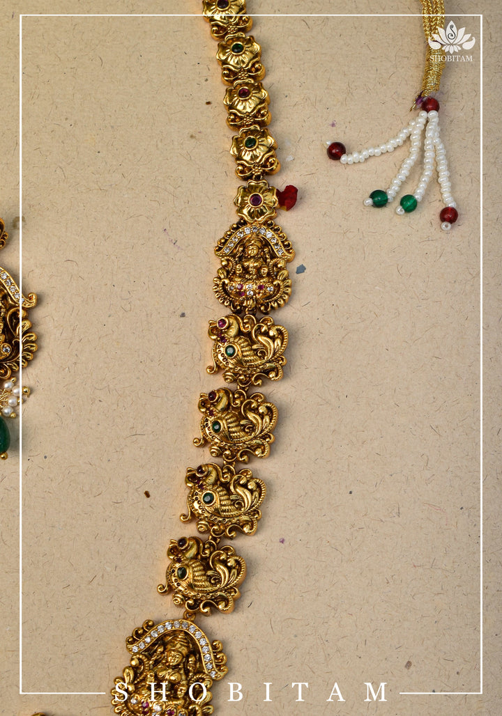 Traditional Lakshmi Pendant Necklace Set with dangling Green Beads | Shobitam Jewelry