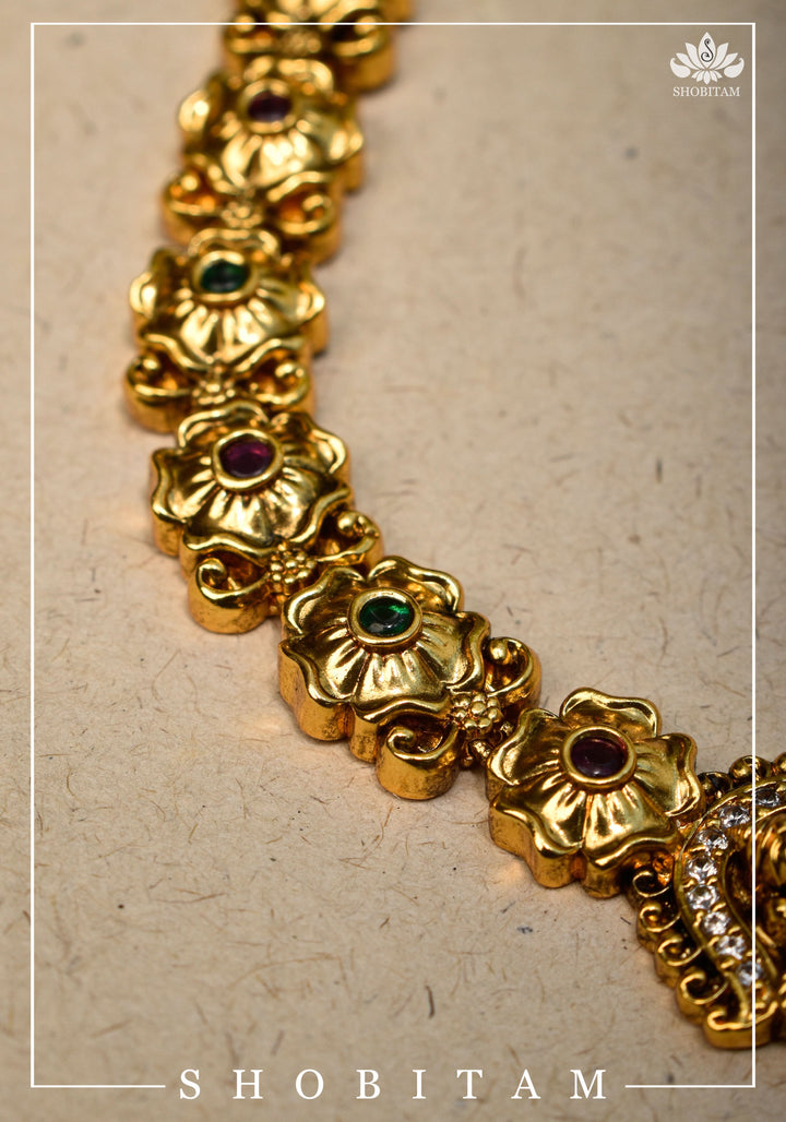 Traditional Lakshmi Pendant Necklace Set with dangling Green Beads | Shobitam Jewelry