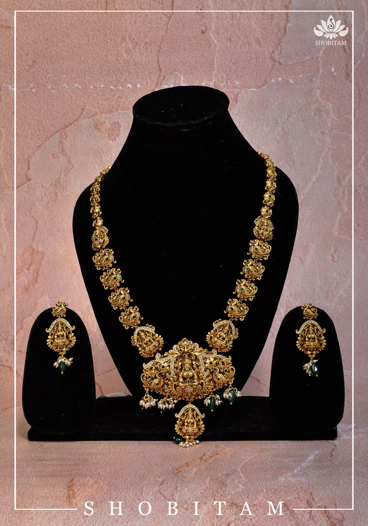 Traditional Lakshmi Pendant Necklace Set with dangling Green Beads | Shobitam Jewelry