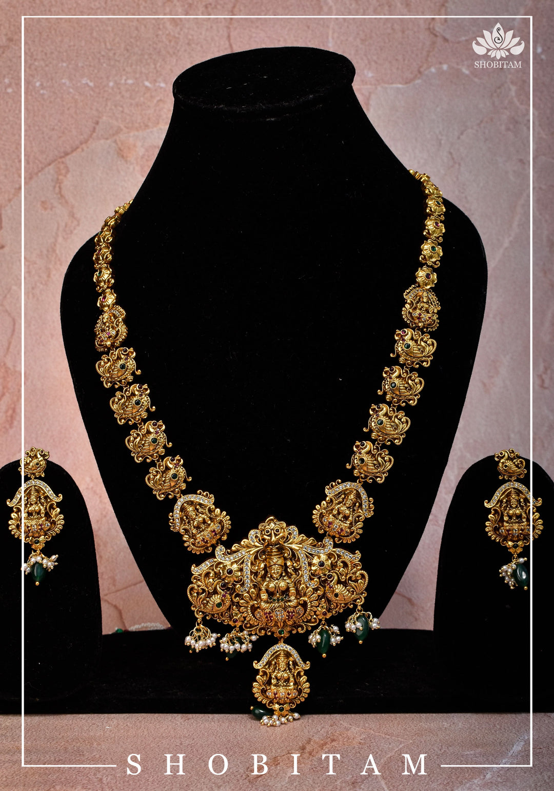 Traditional Lakshmi Pendant Necklace Set with dangling Green Beads | Shobitam Jewelry