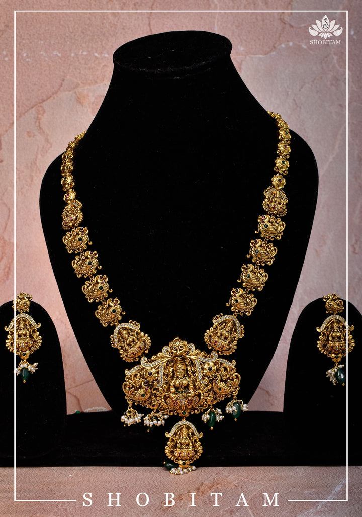 Traditional Lakshmi Pendant Necklace Set with dangling Green Beads | Shobitam Jewelry