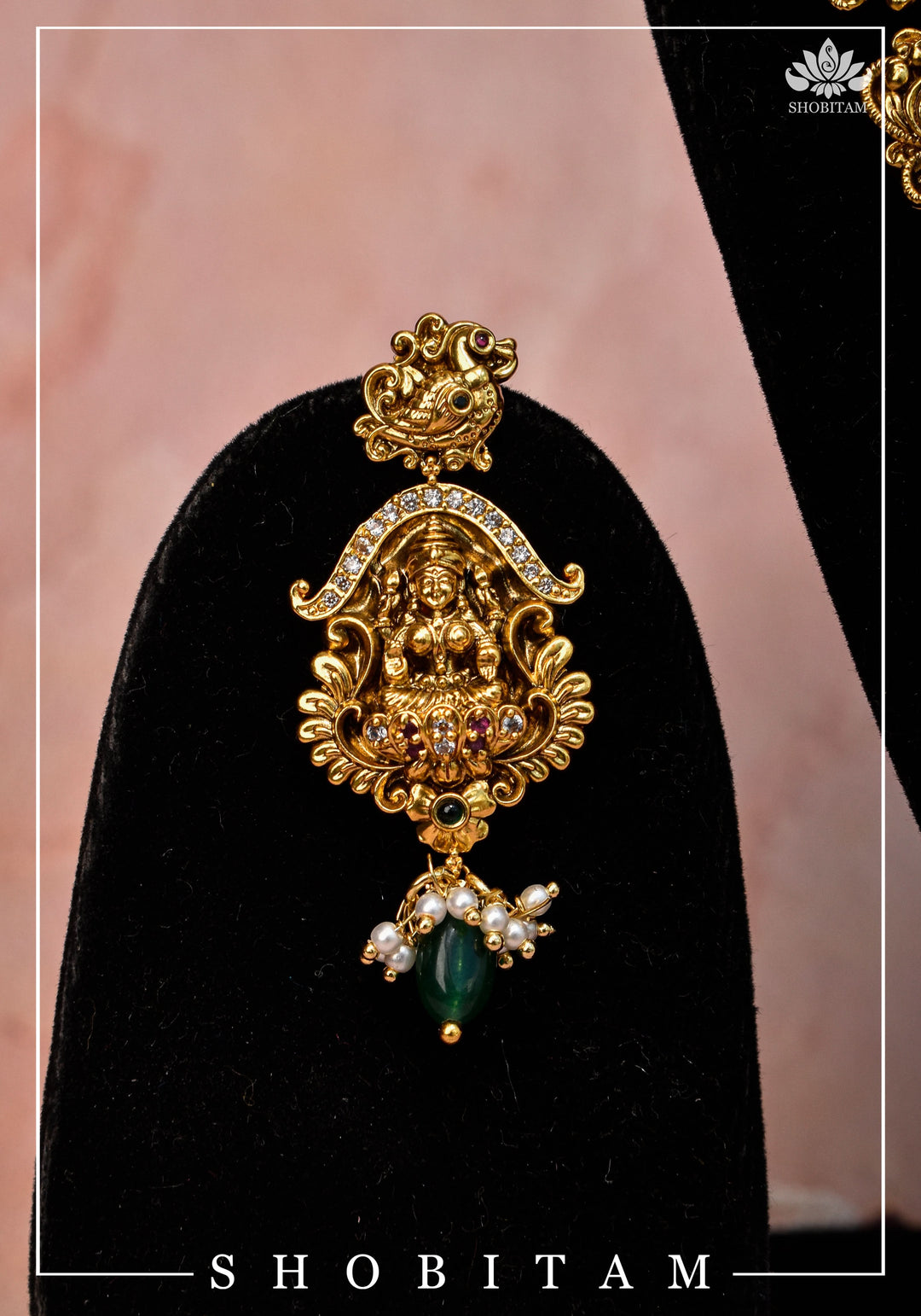 Traditional Lakshmi Pendant Necklace Set with dangling Green Beads | Shobitam Jewelry