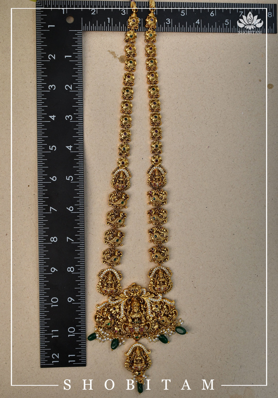 Traditional Lakshmi Pendant Necklace Set with dangling Green Beads | Shobitam Jewelry