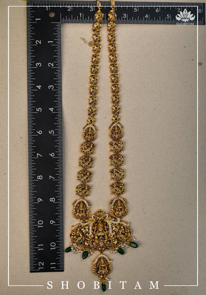 Traditional Lakshmi Pendant Necklace Set with dangling Green Beads | Shobitam Jewelry