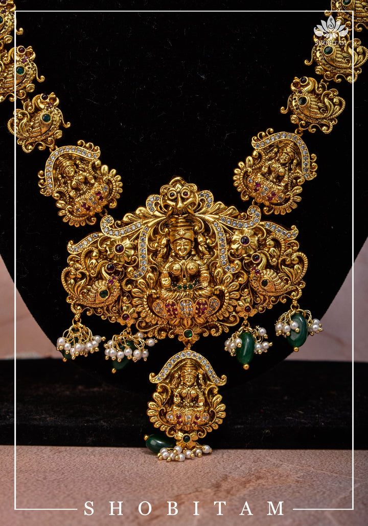 Traditional Lakshmi Pendant Necklace Set with dangling Green Beads | Shobitam Jewelry