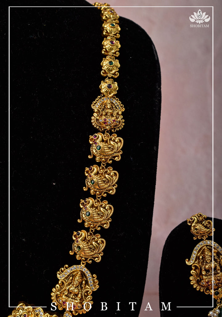Traditional Lakshmi Pendant Necklace Set with dangling Green Beads | Shobitam Jewelry