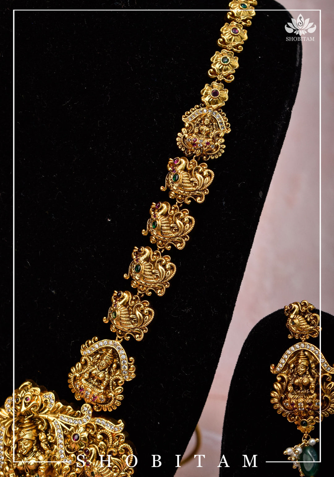 Traditional Lakshmi Pendant Necklace Set with dangling Green Beads | Shobitam Jewelry