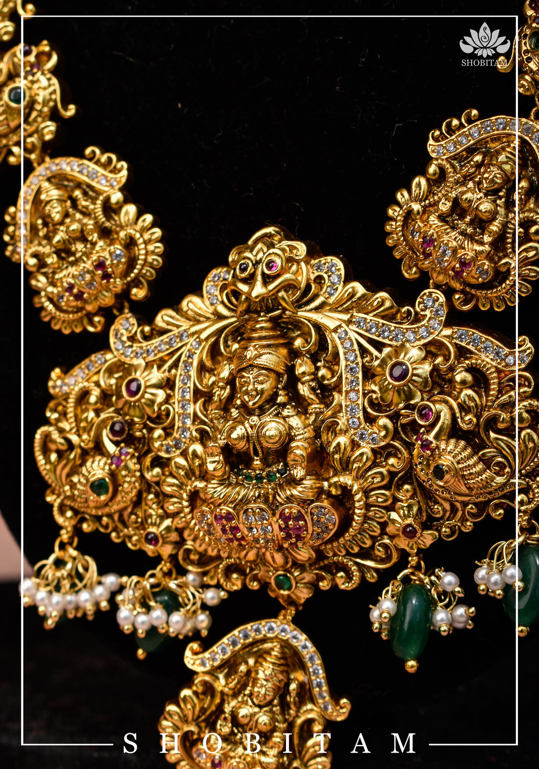 Traditional Lakshmi Pendant Necklace Set with dangling Green Beads | Shobitam Jewelry