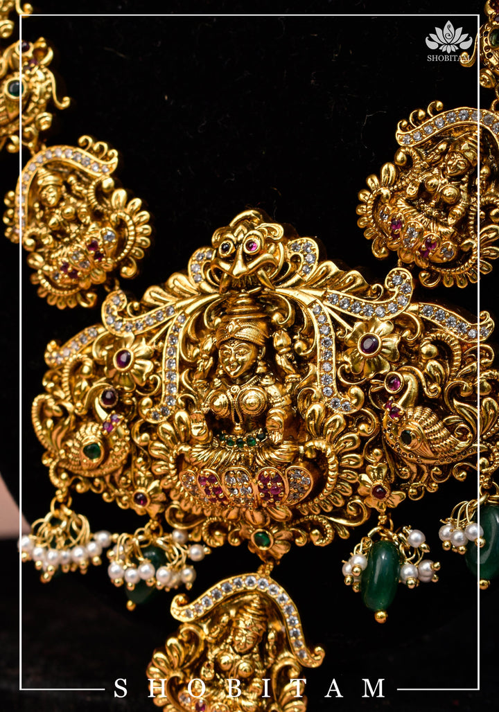 Traditional Lakshmi Pendant Necklace Set with dangling Green Beads | Shobitam Jewelry