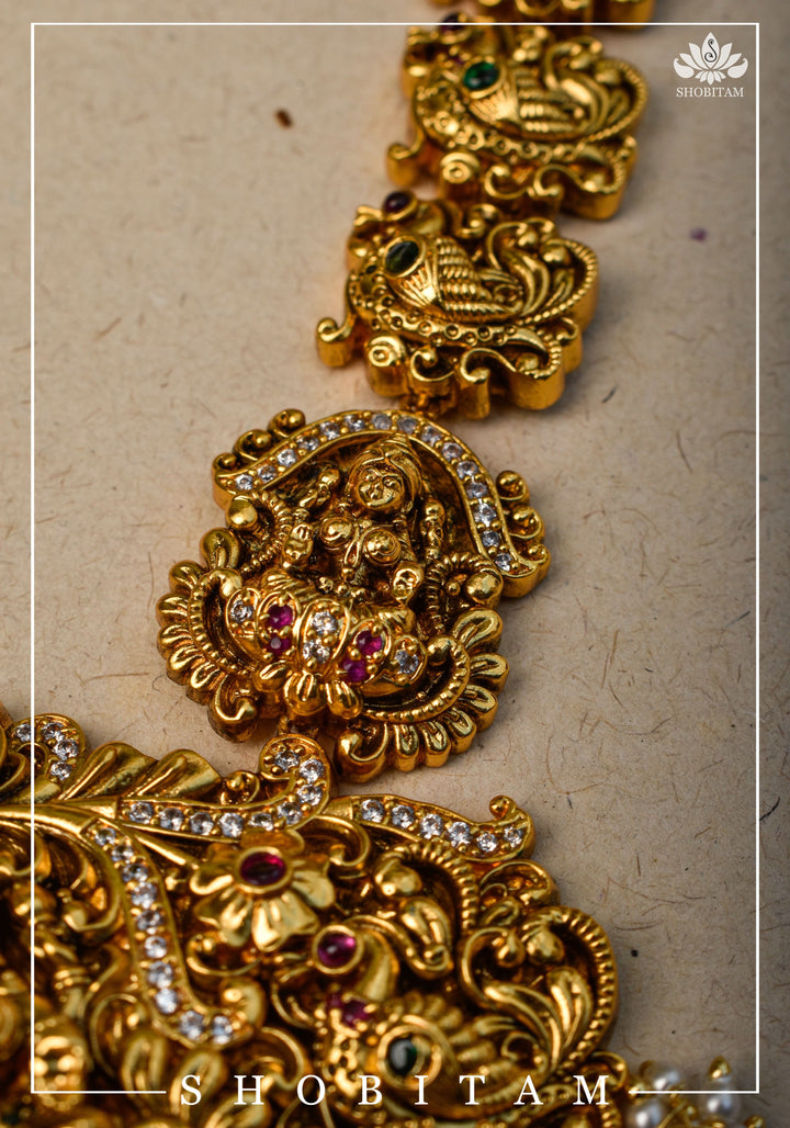 Traditional Lakshmi Pendant Necklace Set with dangling Green Beads | Shobitam Jewelry