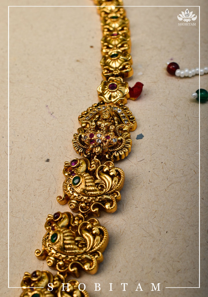 Traditional Lakshmi Pendant Necklace Set with dangling Green Beads | Shobitam Jewelry