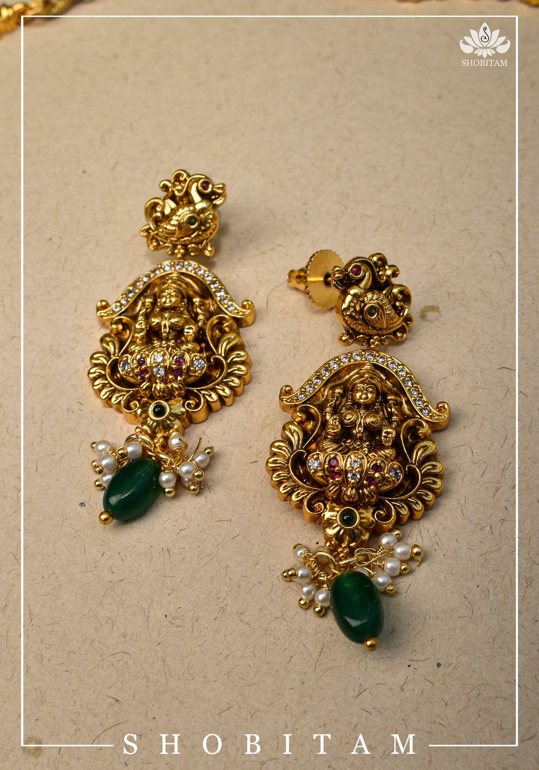 Traditional Lakshmi Pendant Necklace Set with dangling Green Beads | Shobitam Jewelry