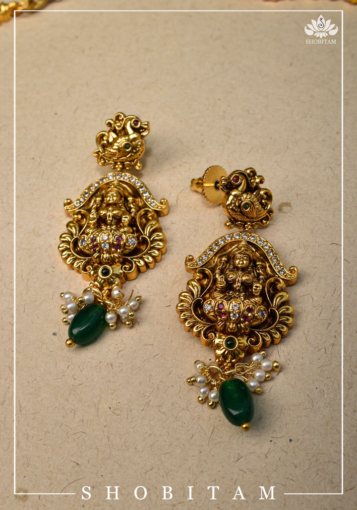 Traditional Lakshmi Pendant Necklace Set with dangling Green Beads | Shobitam Jewelry