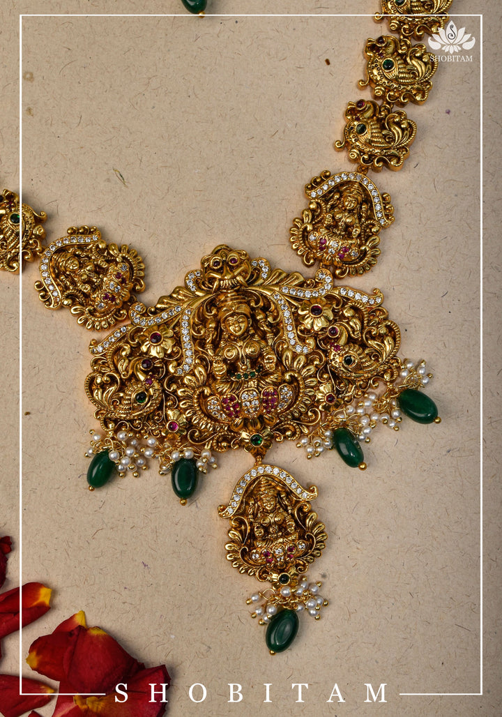 Traditional Lakshmi Pendant Necklace Set with dangling Green Beads | Shobitam Jewelry