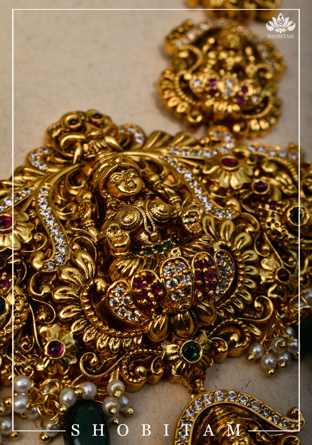 Traditional Lakshmi Pendant Necklace Set with dangling Green Beads | Shobitam Jewelry