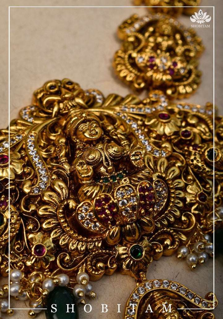 Traditional Lakshmi Pendant Necklace Set with dangling Green Beads | Shobitam Jewelry