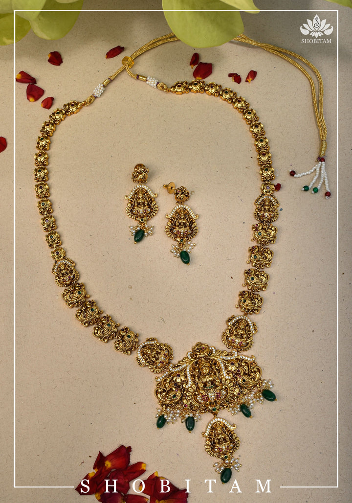 Traditional Lakshmi Pendant Necklace Set with dangling Green Beads | Shobitam Jewelry
