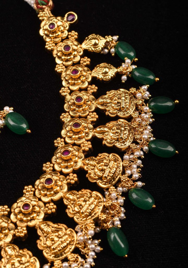 Jadau Lakshmi Necklace Set with Pink Stones dangling Green Beads | Shobitam Jewelry