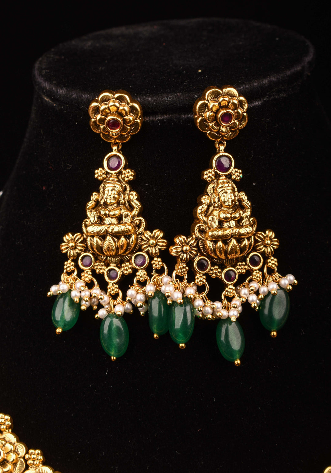 Jadau Lakshmi Necklace Set with Pink Stones dangling Green Beads | Shobitam Jewelry