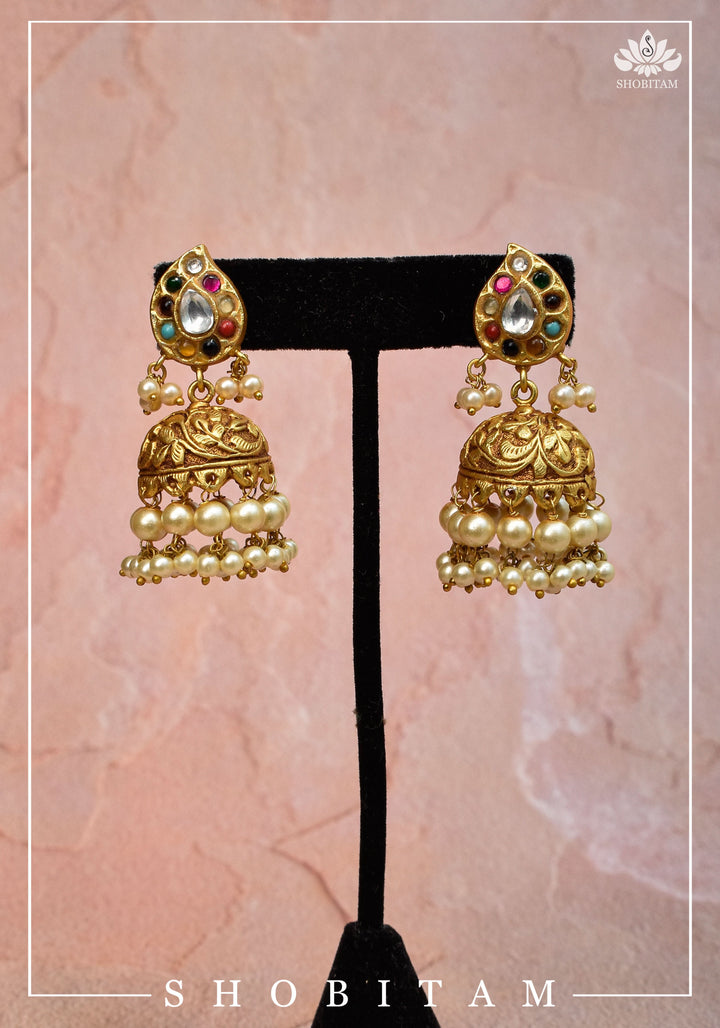 Gold tone Jhumka Earrings with Navaratna Polki Stones with Dangling Beads | Shobitam Jewelry
