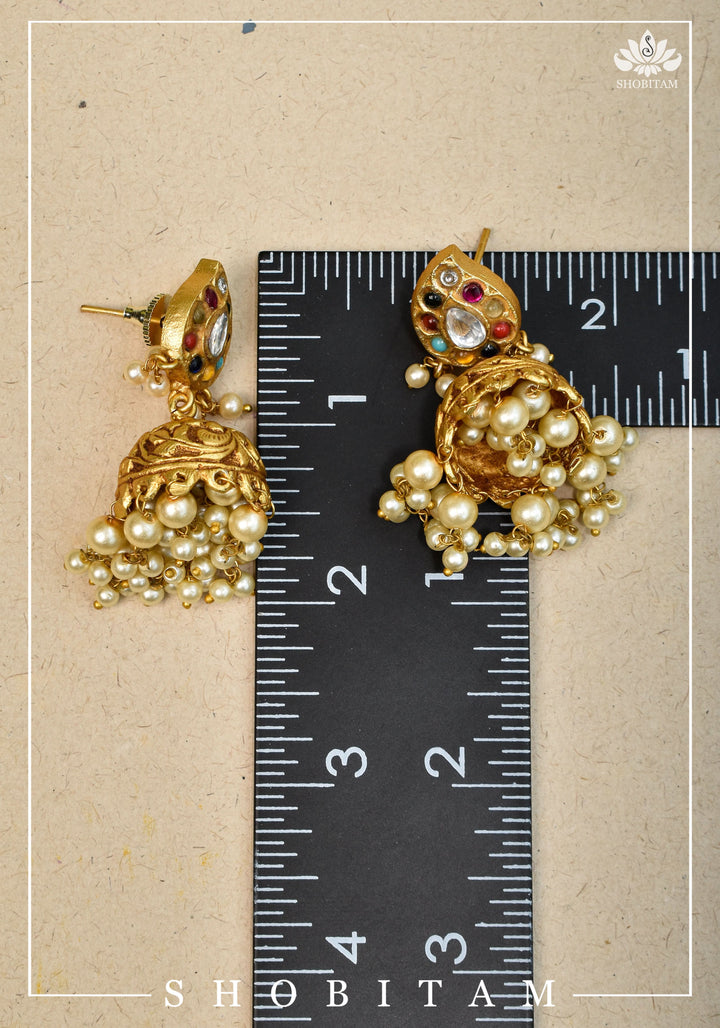 Gold tone Jhumka Earrings with Navaratna Polki Stones with Dangling Beads | Shobitam Jewelry