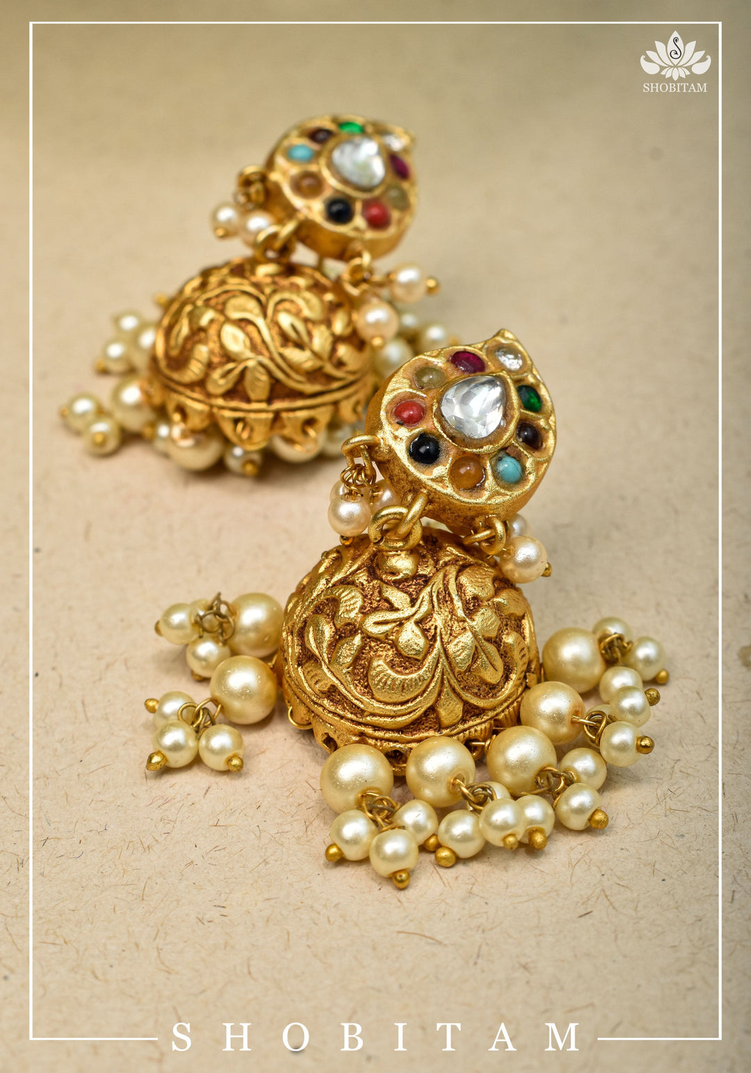 Gold tone Jhumka Earrings with Navaratna Polki Stones with Dangling Beads | Shobitam Jewelry