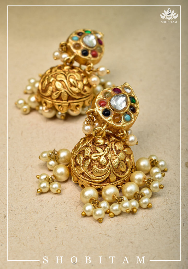 Gold tone Jhumka Earrings with Navaratna Polki Stones with Dangling Beads | Shobitam Jewelry