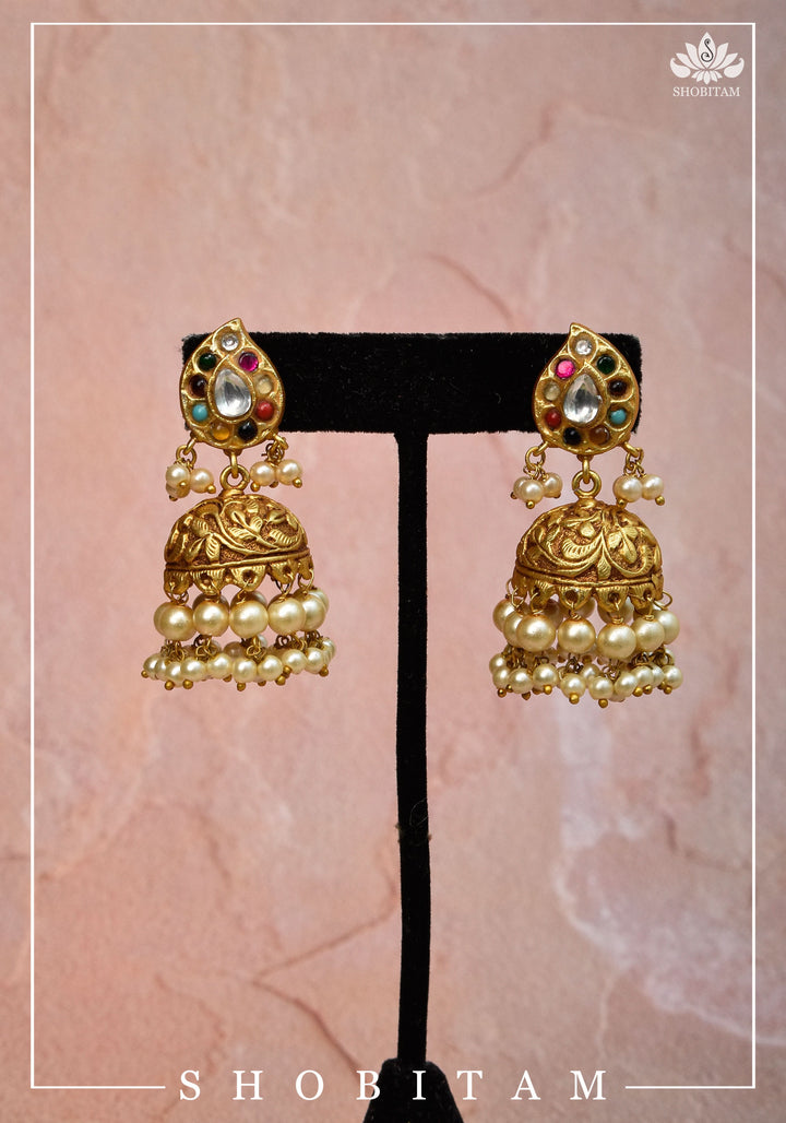 Gold tone Jhumka Earrings with Navaratna Polki Stones with Dangling Beads | Shobitam Jewelry