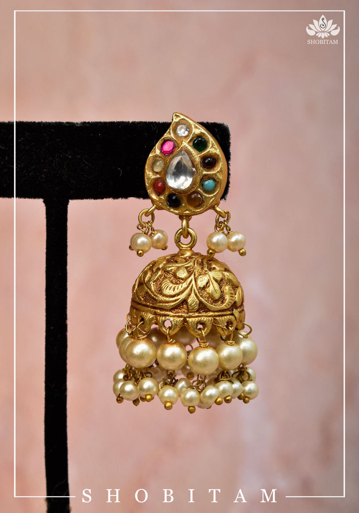 Gold tone Jhumka Earrings with Navaratna Polki Stones with Dangling Beads | Shobitam Jewelry