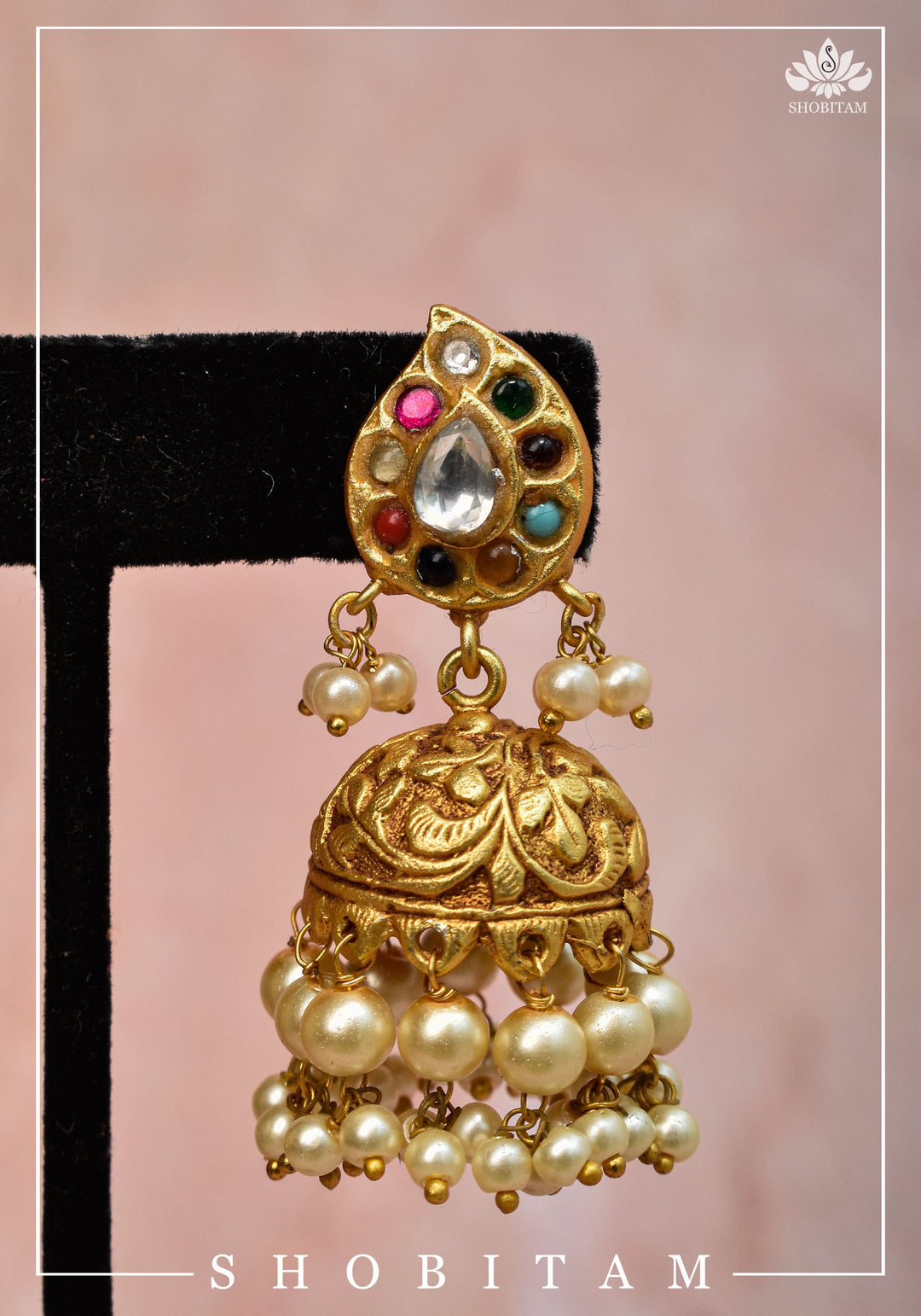 Gold tone Jhumka Earrings with Navaratna Polki Stones with Dangling Beads | Shobitam Jewelry