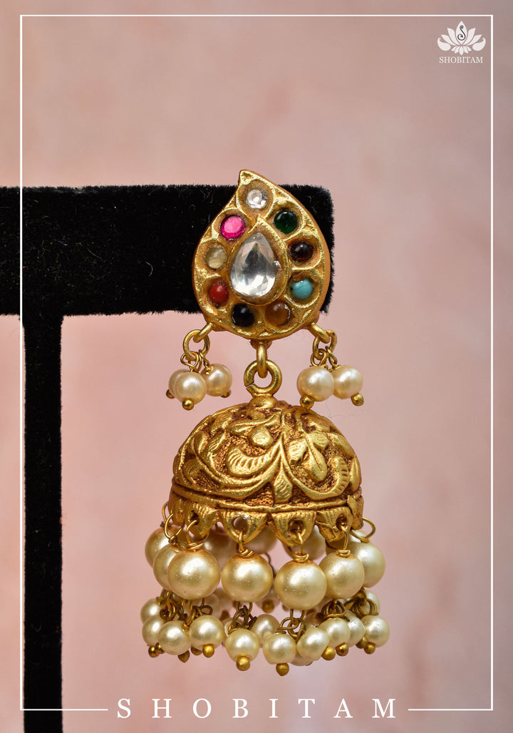 Gold tone Jhumka Earrings with Navaratna Polki Stones with Dangling Beads | Shobitam Jewelry