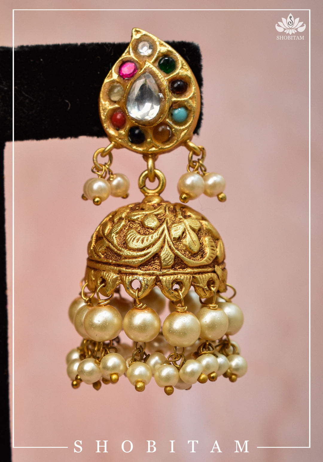 Gold tone Jhumka Earrings with Navaratna Polki Stones with Dangling Beads | Shobitam Jewelry