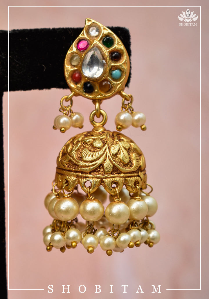 Gold tone Jhumka Earrings with Navaratna Polki Stones with Dangling Beads | Shobitam Jewelry
