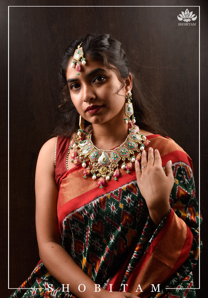 Meenakari Kundan Lacquer Jewelry Set in shades of Baby pink and Turquoise | Shobitam Jewelry
