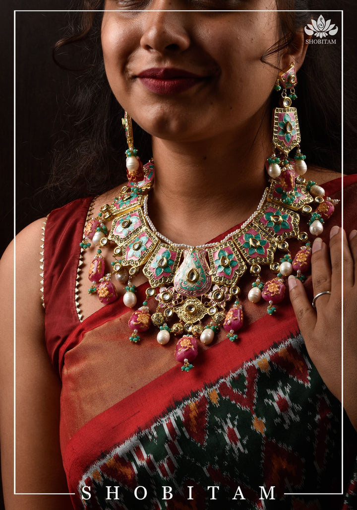 Meenakari Kundan Lacquer Jewelry Set in shades of Baby pink and Turquoise | Shobitam Jewelry