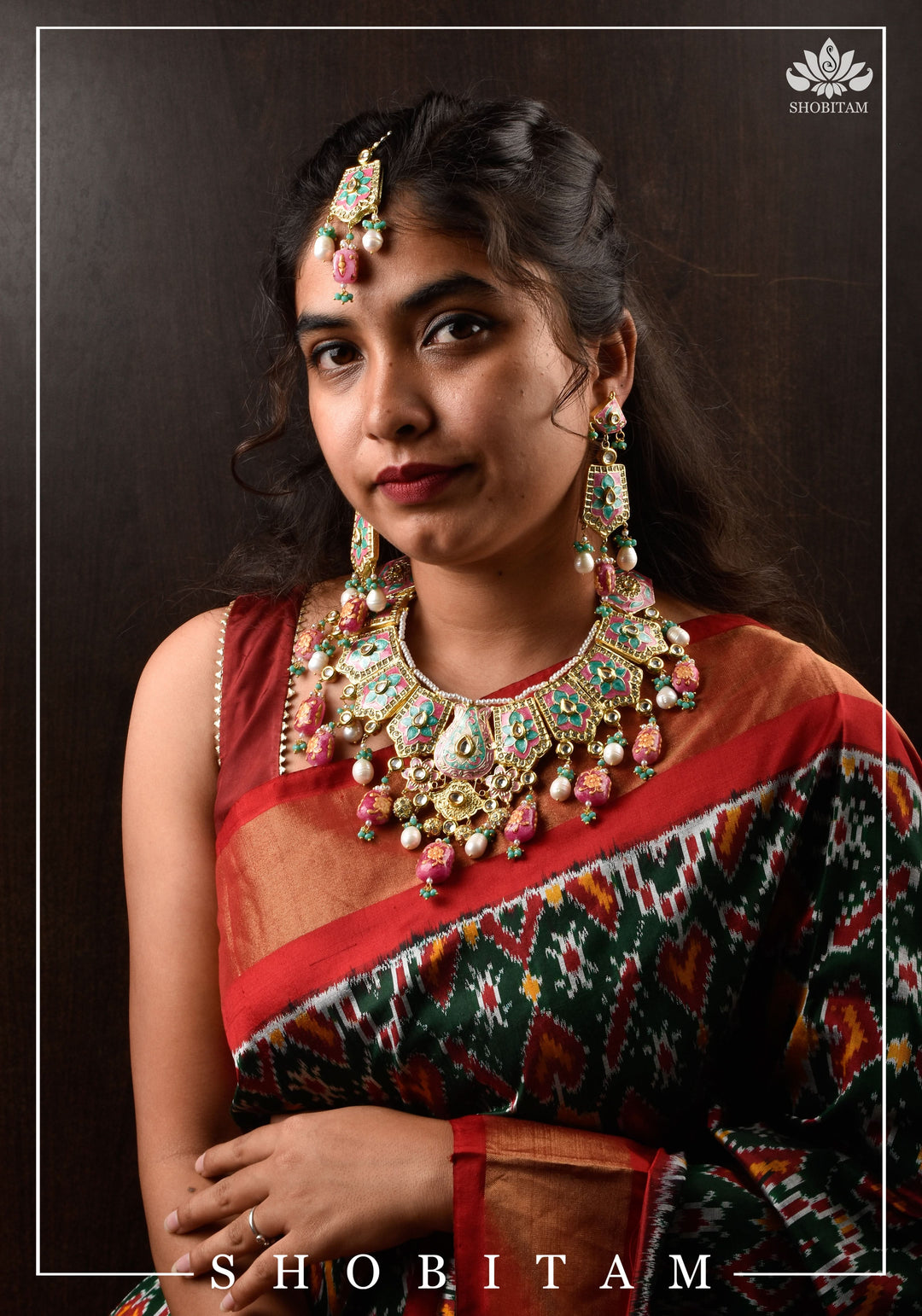 Meenakari Kundan Lacquer Jewelry Set in shades of Baby pink and Turquoise | Shobitam Jewelry