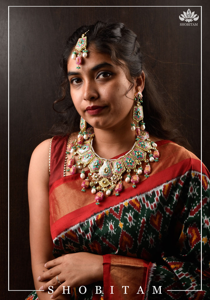 Meenakari Kundan Lacquer Jewelry Set in shades of Baby pink and Turquoise | Shobitam Jewelry