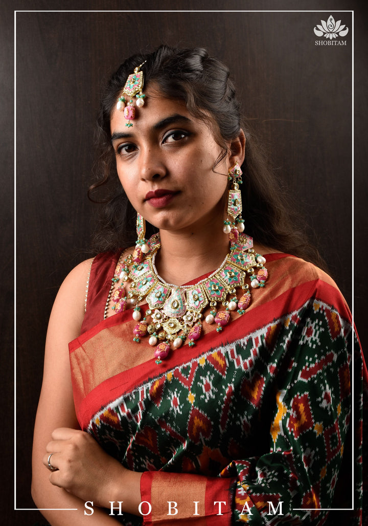 Meenakari Kundan Lacquer Jewelry Set in shades of Baby pink and Turquoise | Shobitam Jewelry