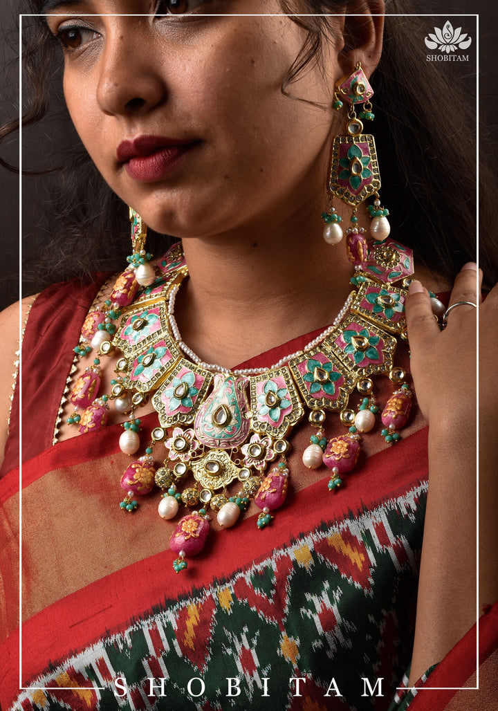 Meenakari Kundan Lacquer Jewelry Set in shades of Baby pink and Turquoise | Shobitam Jewelry