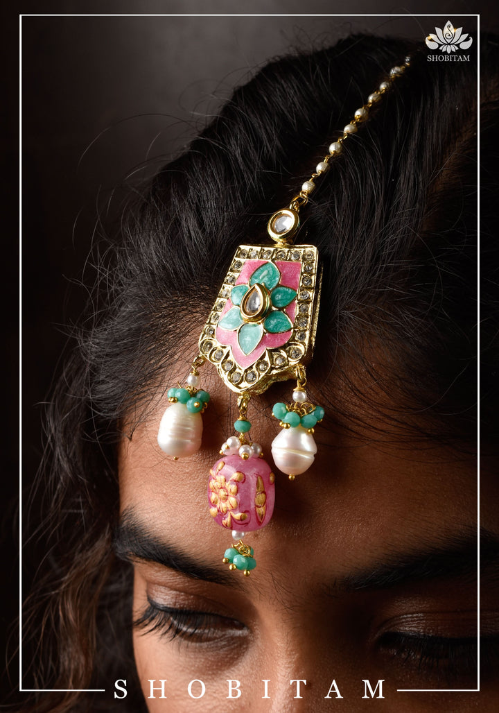 Meenakari Kundan Lacquer Jewelry Set in shades of Baby pink and Turquoise | Shobitam Jewelry