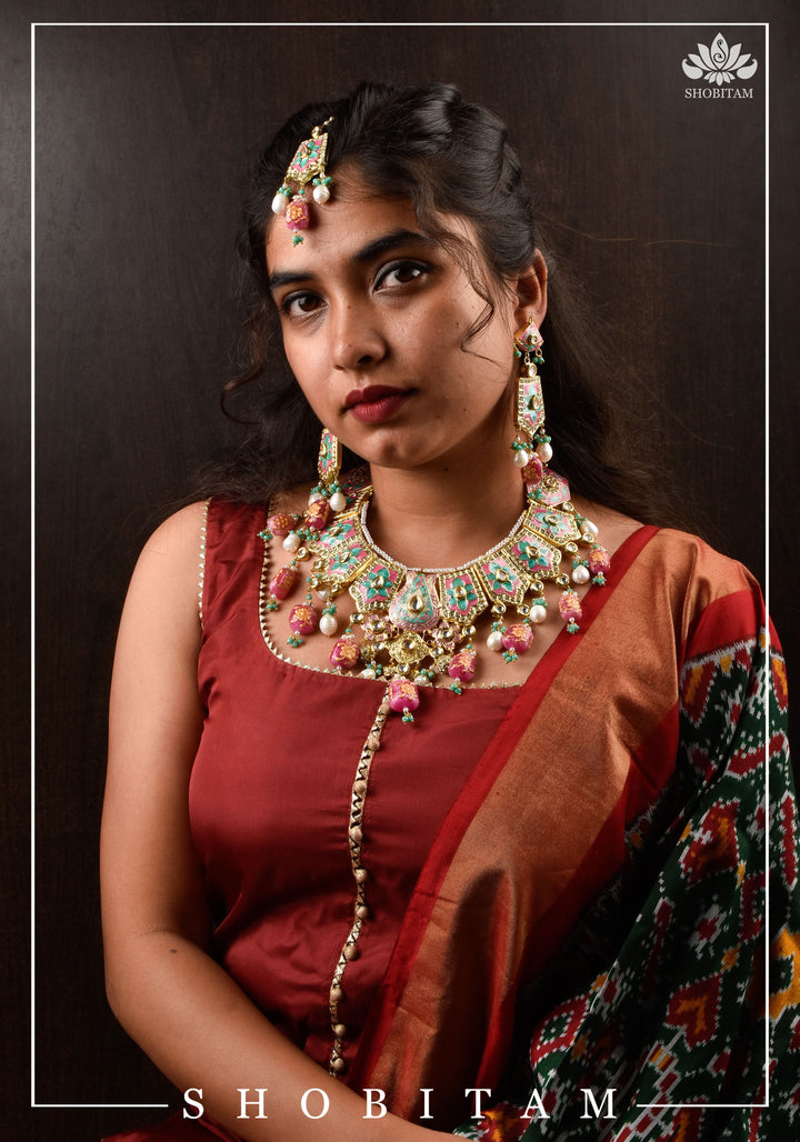 Meenakari Kundan Lacquer Jewelry Set in shades of Baby pink and Turquoise | Shobitam Jewelry