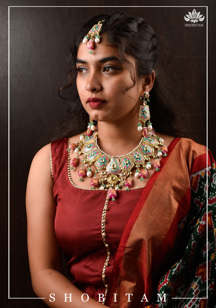 Meenakari Kundan Lacquer Jewelry Set in shades of Baby pink and Turquoise | Shobitam Jewelry