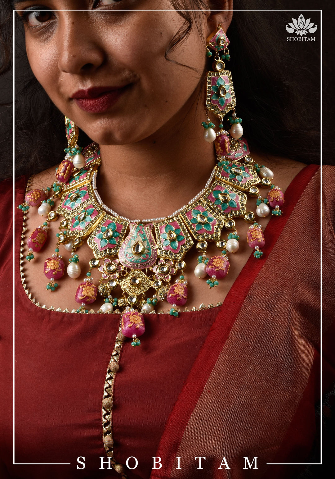 Meenakari Kundan Lacquer Jewelry Set in shades of Baby pink and Turquoise | Shobitam Jewelry