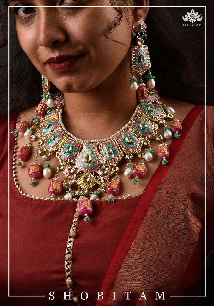 Meenakari Kundan Lacquer Jewelry Set in shades of Baby pink and Turquoise | Shobitam Jewelry