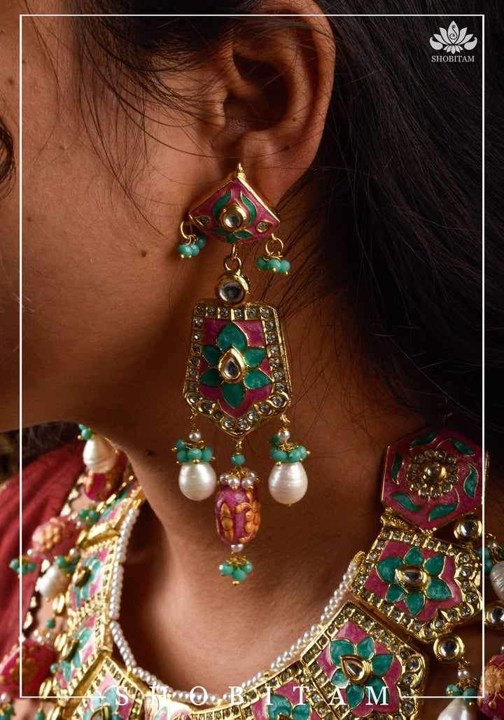 Meenakari Kundan Lacquer Jewelry Set in shades of Baby pink and Turquoise | Shobitam Jewelry