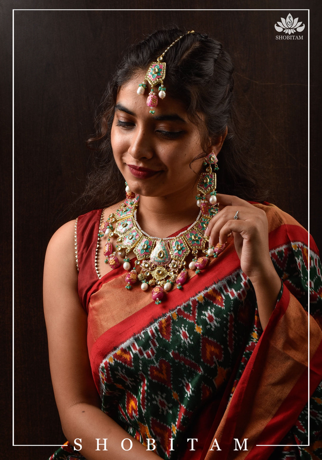 Meenakari Kundan Lacquer Jewelry Set in shades of Baby pink and Turquoise | Shobitam Jewelry