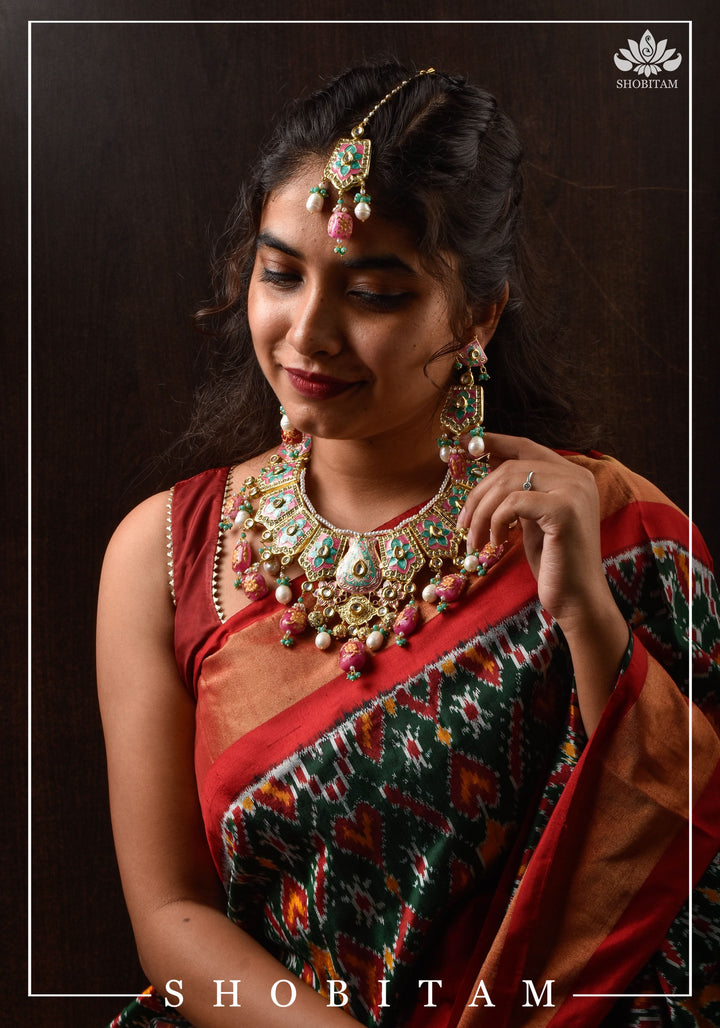 Meenakari Kundan Lacquer Jewelry Set in shades of Baby pink and Turquoise | Shobitam Jewelry