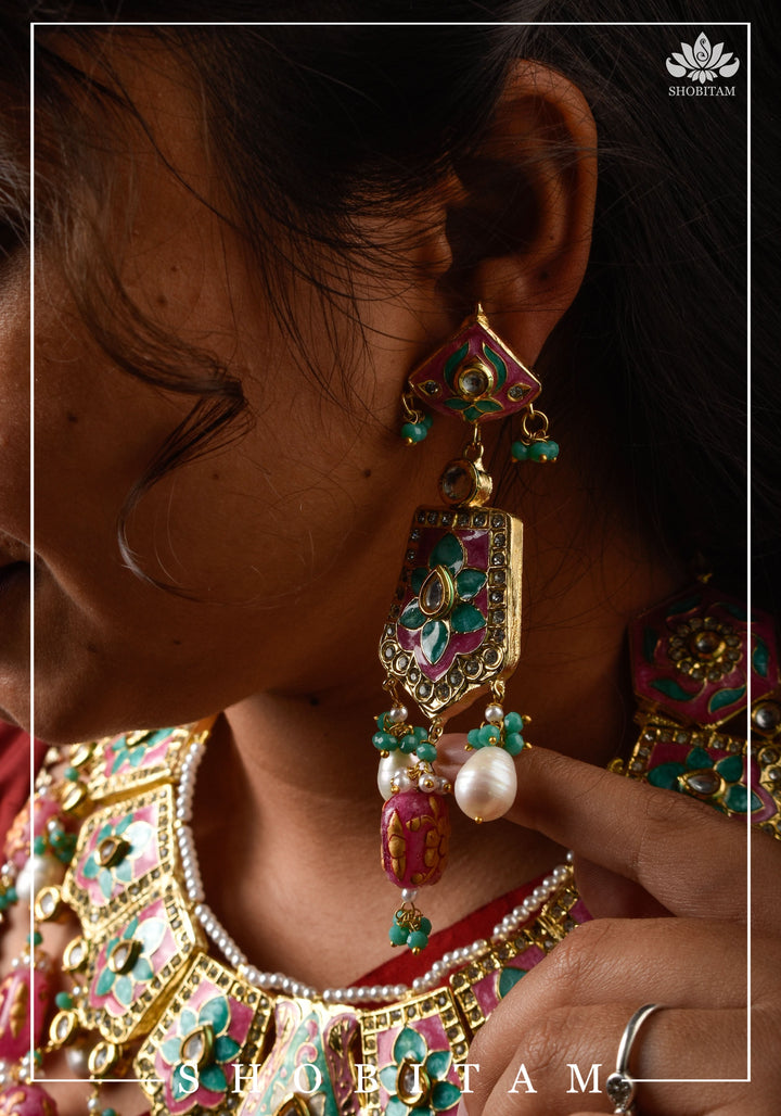 Meenakari Kundan Lacquer Jewelry Set in shades of Baby pink and Turquoise | Shobitam Jewelry