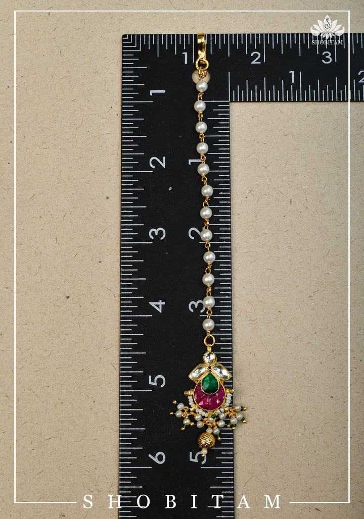 Pearl Bead chain Maang Tika - Small Size Ahmedabadi Kundan Jadau hair Ornament